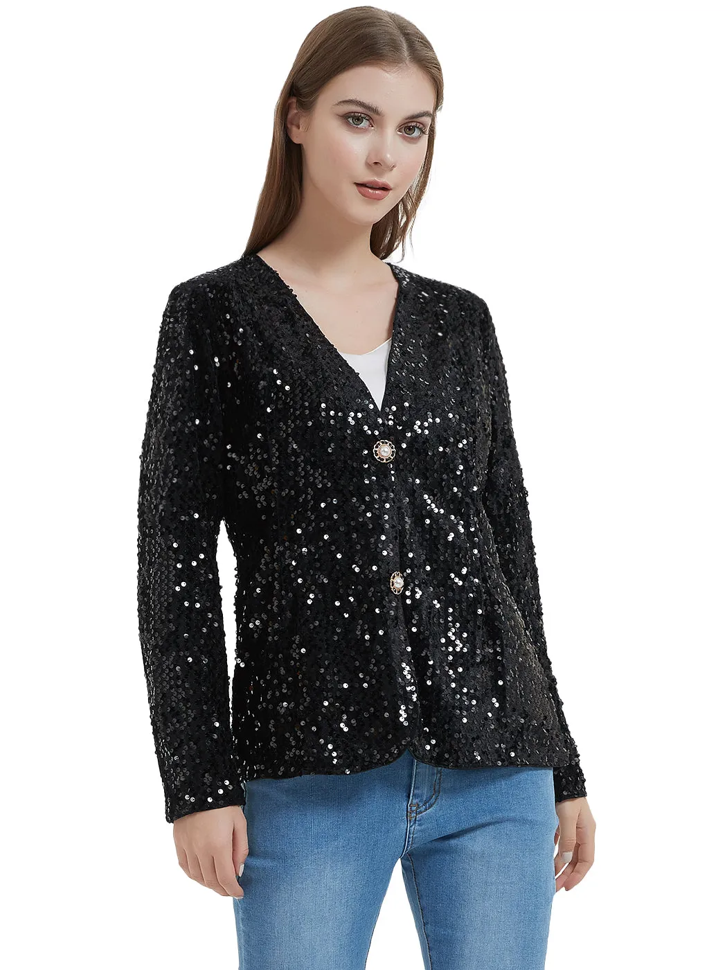 Anna-Kaci Women's Sequins Blazer Cardigan Jacket Open Front Casual Shiny Coat by Anna-Kaci