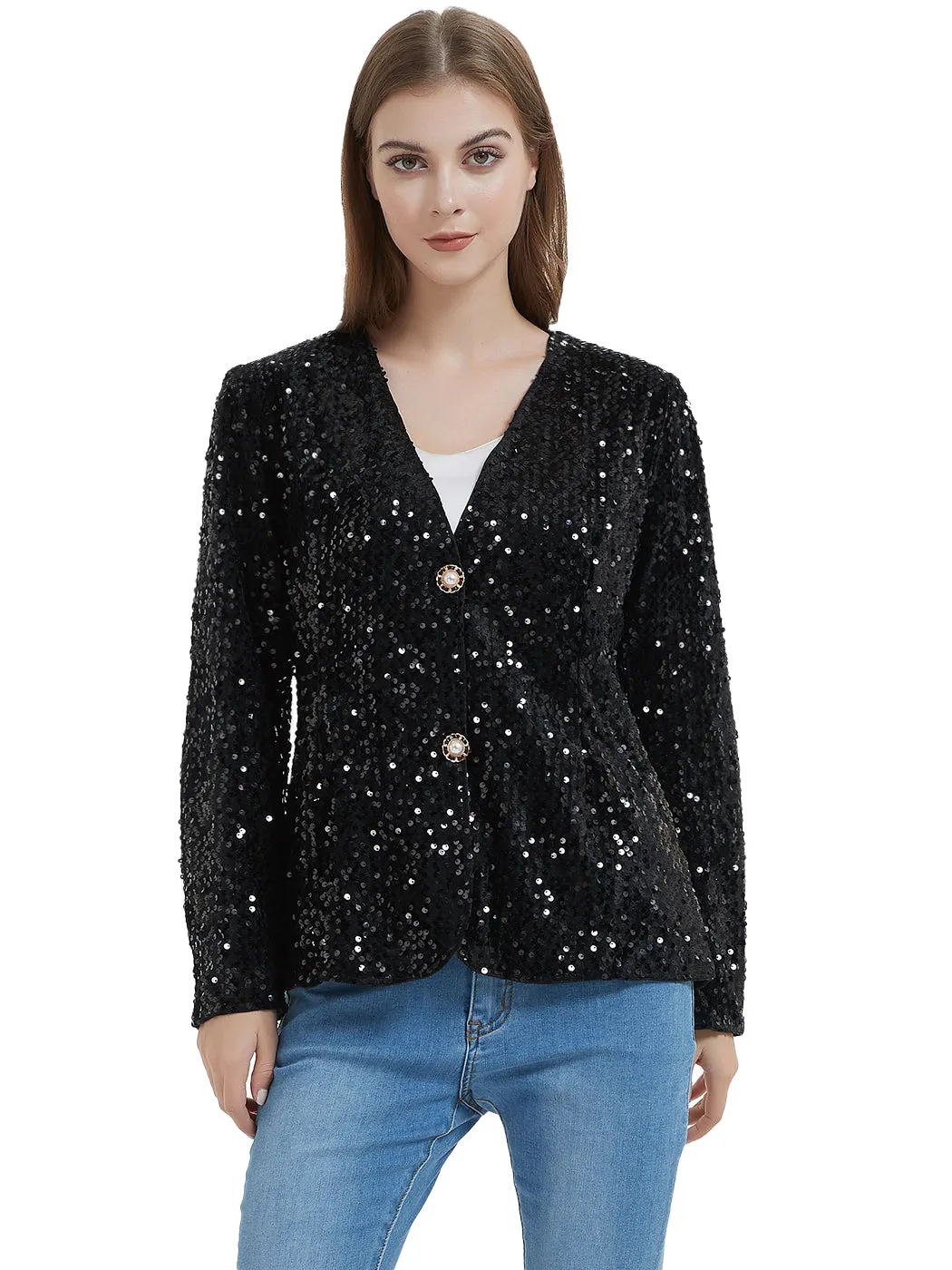Anna-Kaci Women's Sequins Blazer Cardigan Jacket Open Front Casual Shiny Coat by Anna-Kaci