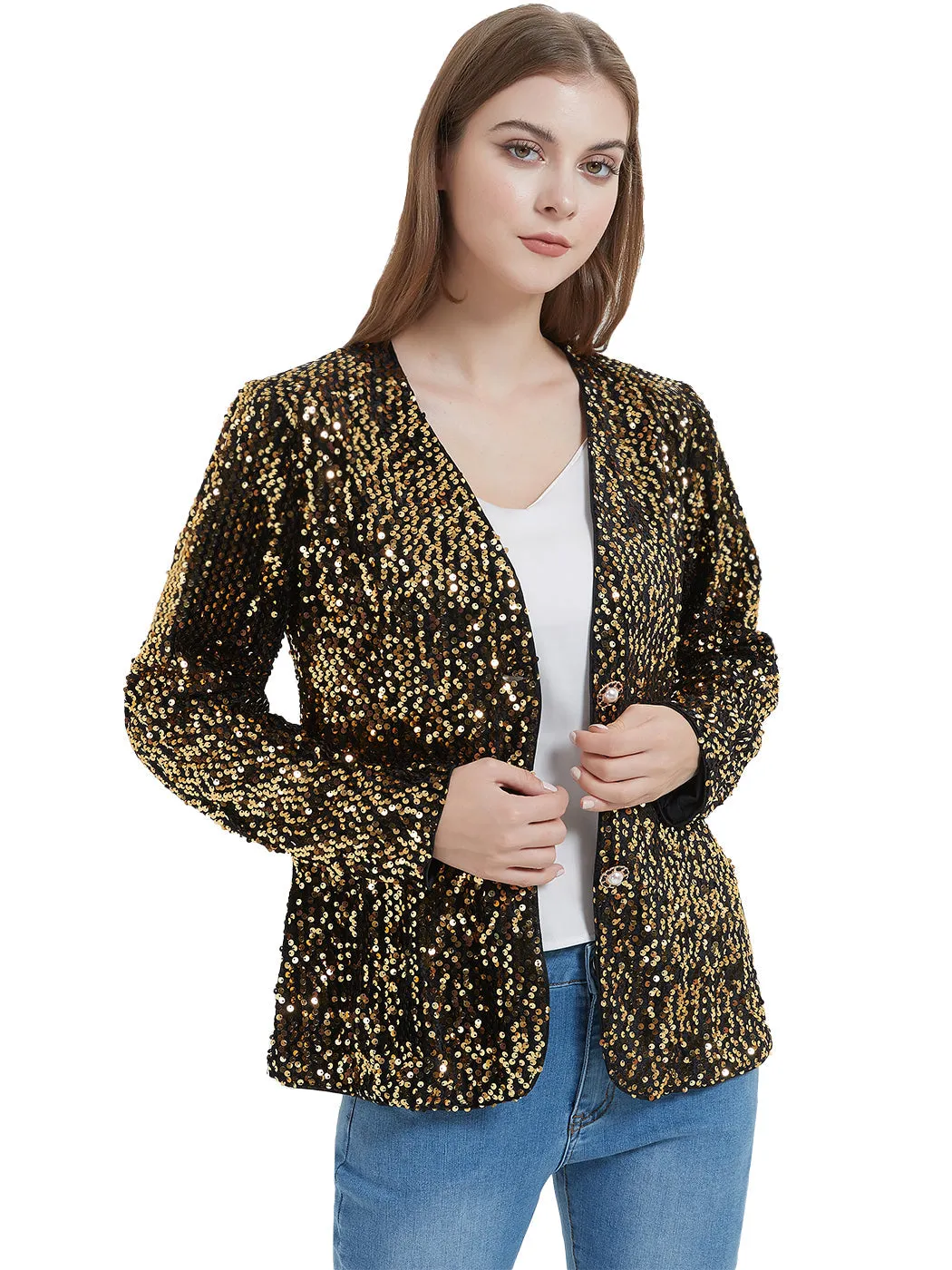 Anna-Kaci Women's Sequins Blazer Cardigan Jacket Open Front Casual Shiny Coat by Anna-Kaci