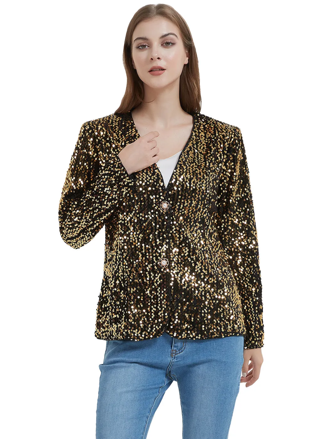 Anna-Kaci Women's Sequins Blazer Cardigan Jacket Open Front Casual Shiny Coat by Anna-Kaci