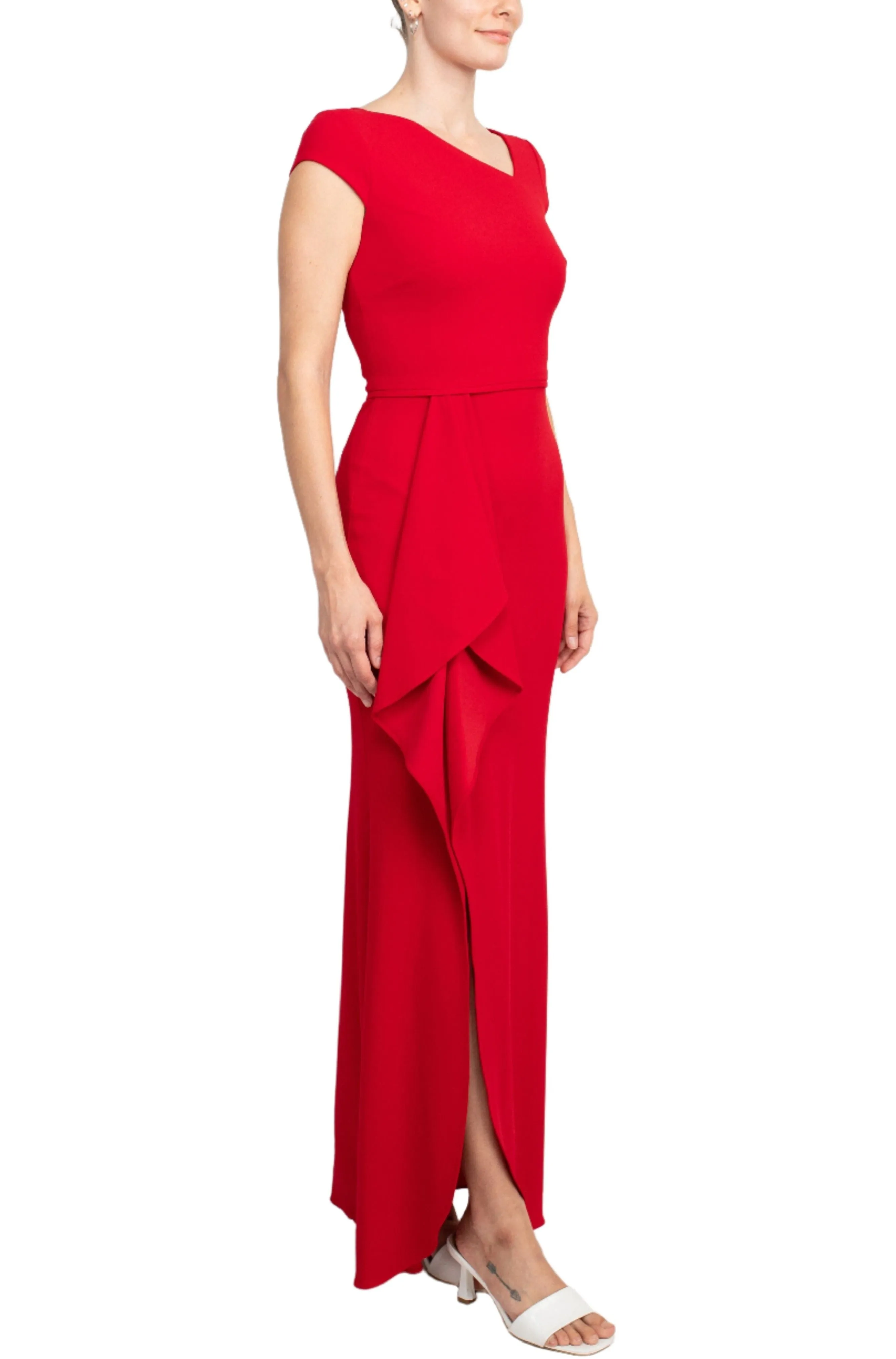 Asymmetrical Neck Cap Sleeve Flutter Side Slit Side Zipper Back Solid Scuba Dress