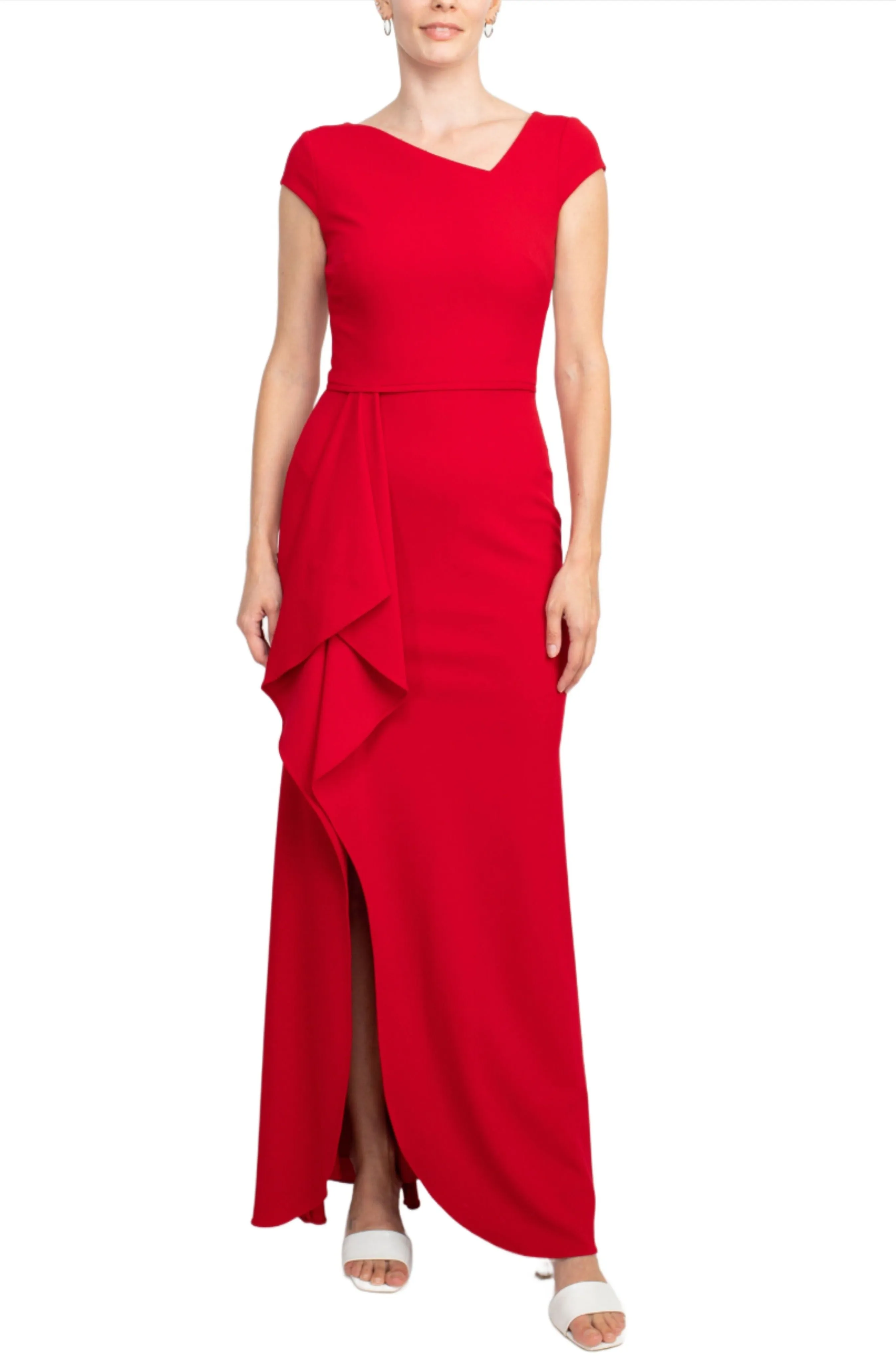 Asymmetrical Neck Cap Sleeve Flutter Side Slit Side Zipper Back Solid Scuba Dress