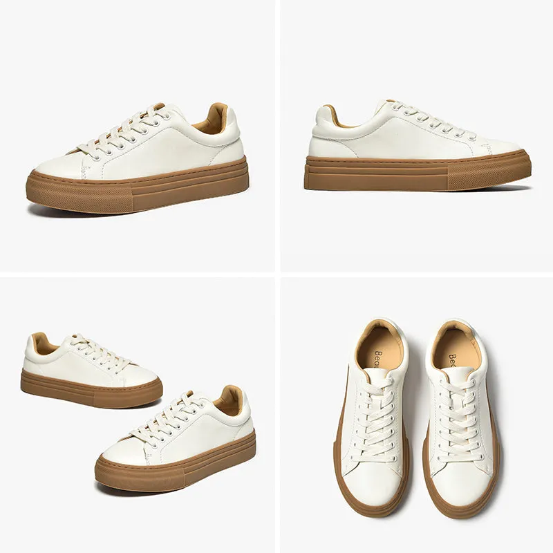 BeauToday Women's Casual Round Toe Lace-Up White Sneakers