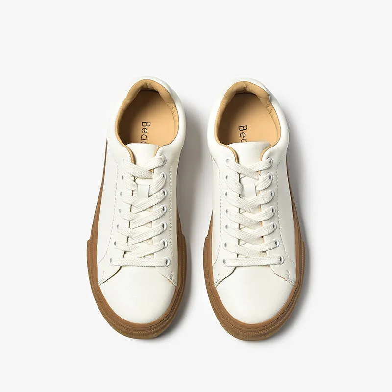 BeauToday Women's Casual Round Toe Lace-Up White Sneakers