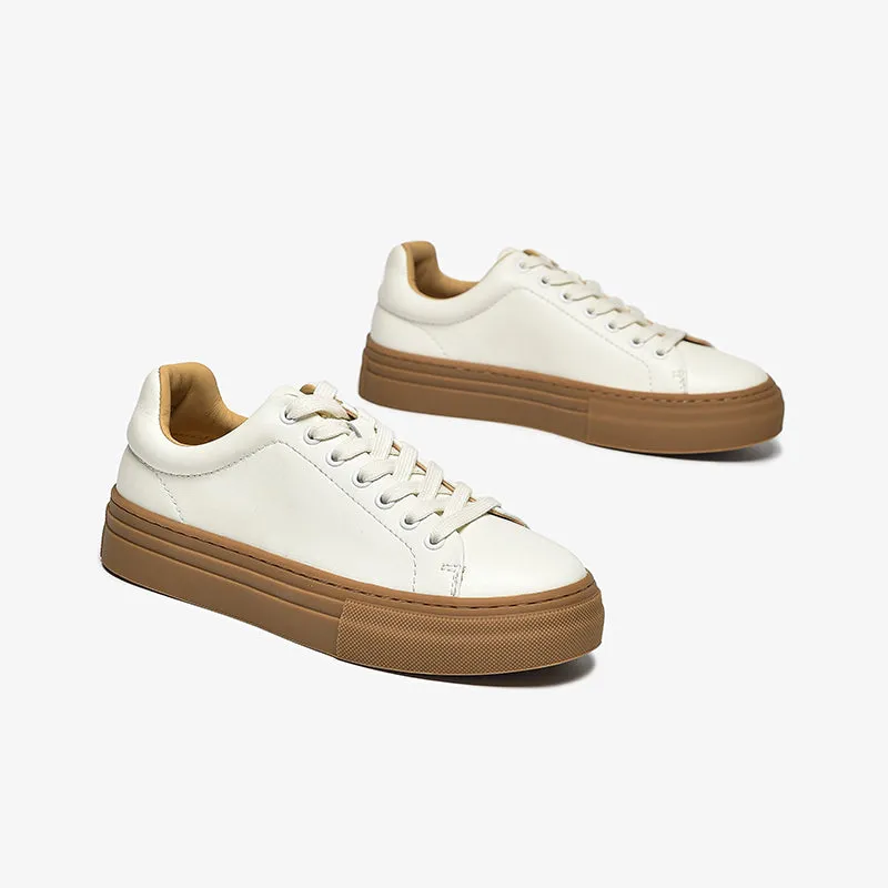 BeauToday Women's Casual Round Toe Lace-Up White Sneakers
