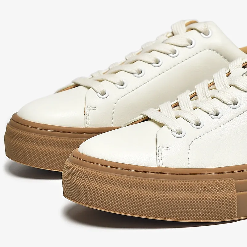 BeauToday Women's Casual Round Toe Lace-Up White Sneakers