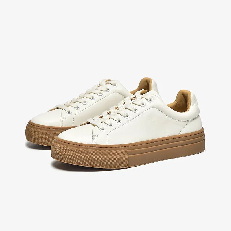 BeauToday Women's Casual Round Toe Lace-Up White Sneakers
