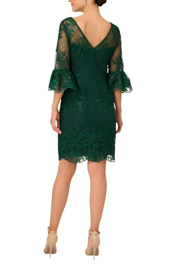 Boat Illusion Neck Bell Sleeve Embellished Zipper Back Mesh Dress