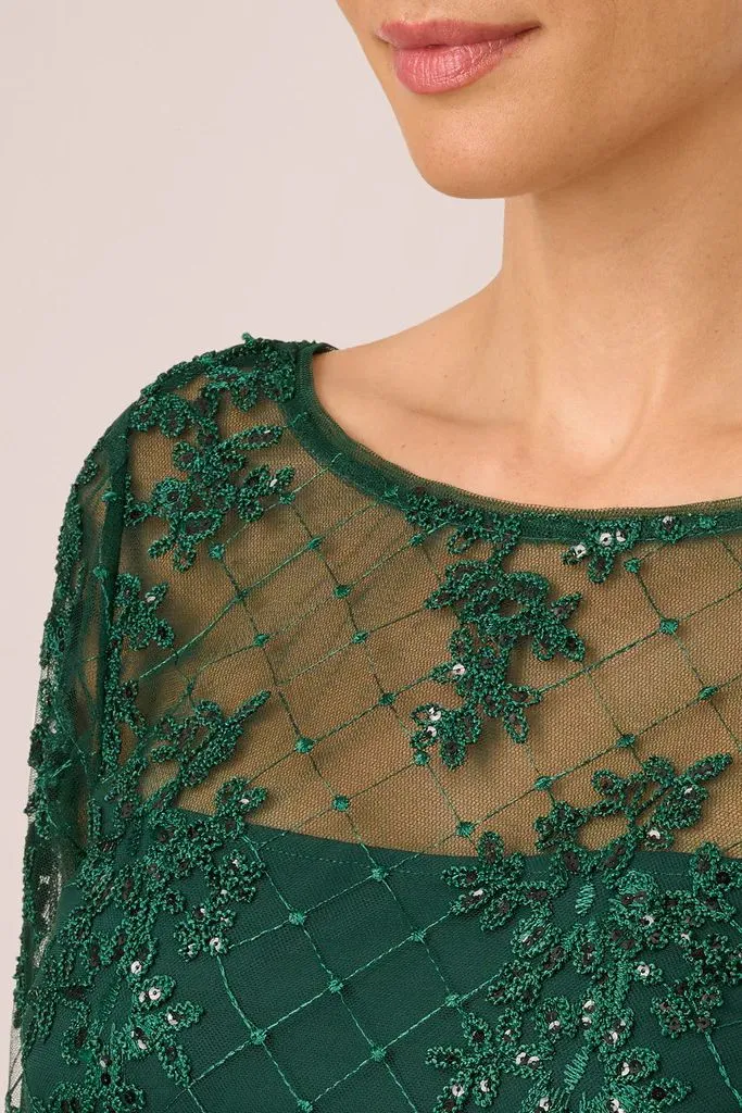 Boat Illusion Neck Bell Sleeve Embellished Zipper Back Mesh Dress
