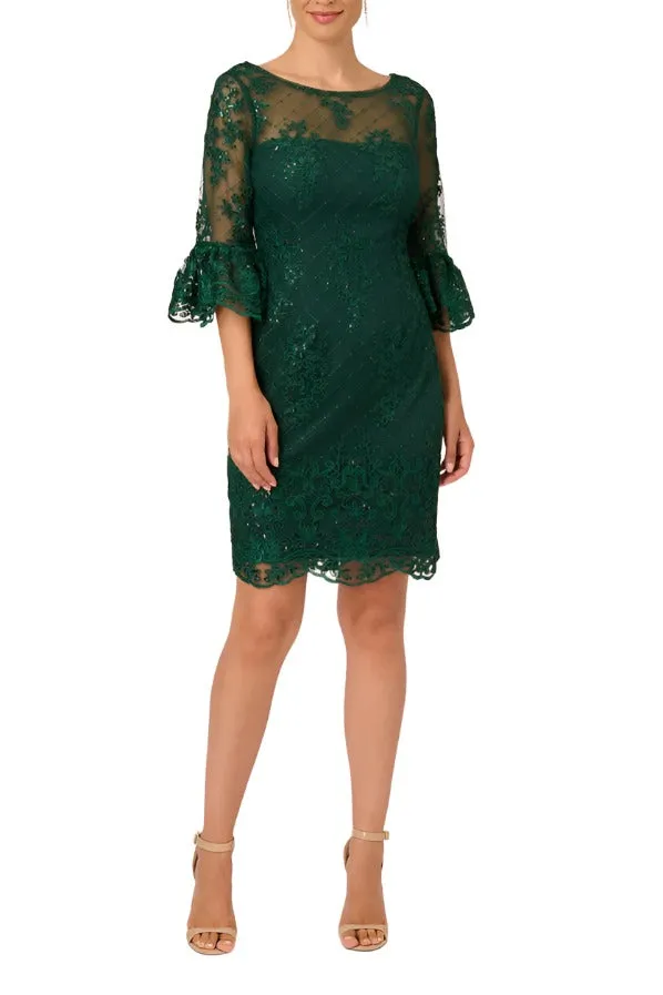 Boat Illusion Neck Bell Sleeve Embellished Zipper Back Mesh Dress