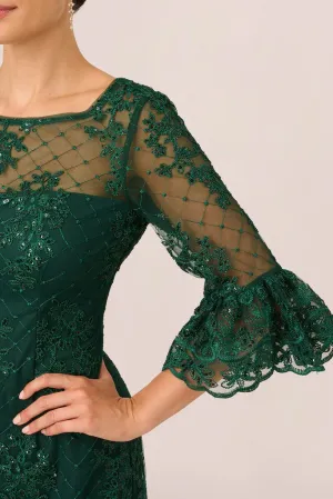 Boat Illusion Neck Bell Sleeve Embellished Zipper Back Mesh Dress