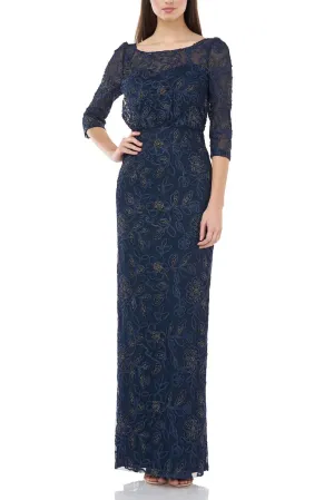 Boat Neck 3/4 Sleeve Blouson Embellished Mesh Gown
