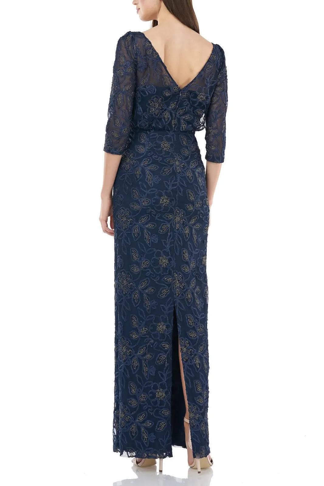 Boat Neck 3/4 Sleeve Blouson Embellished Mesh Gown