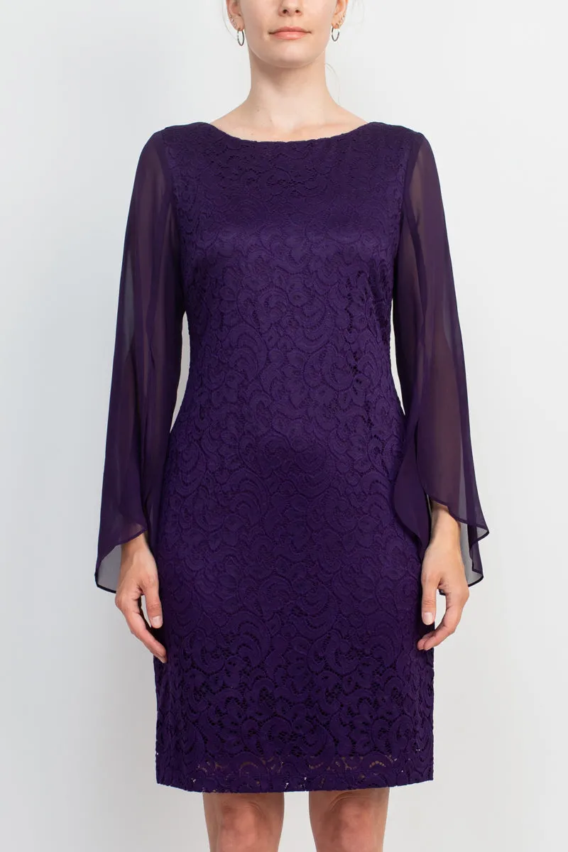 Boat Neck Chiffon Long Sleeve Bodycon Embroidered Dress