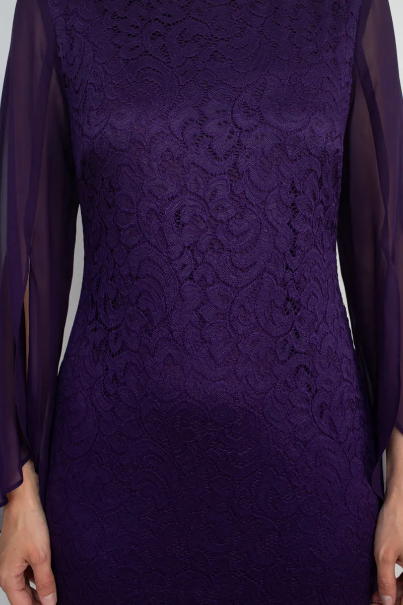 Boat Neck Chiffon Long Sleeve Bodycon Embroidered Dress