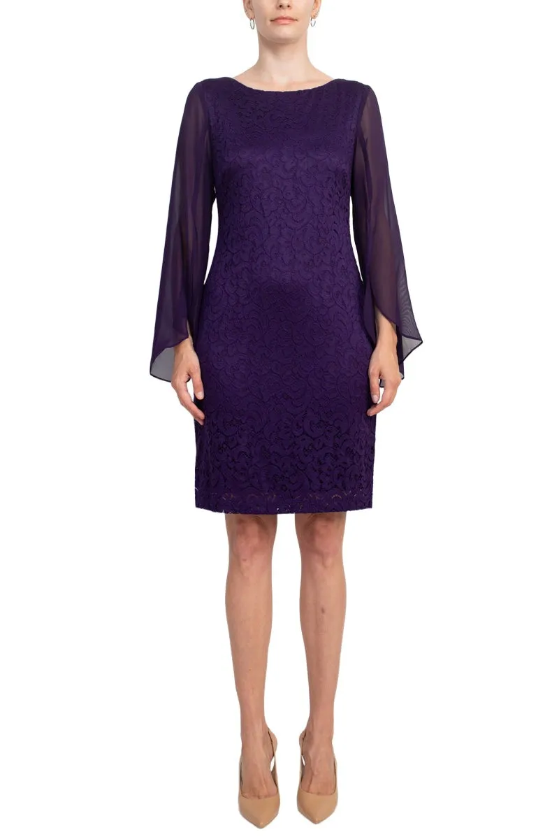 Boat Neck Chiffon Long Sleeve Bodycon Embroidered Dress