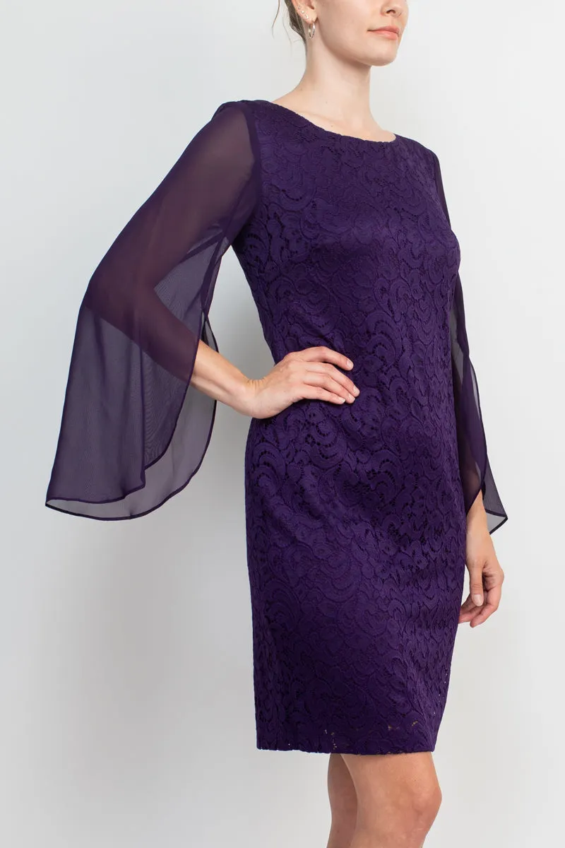 Boat Neck Chiffon Long Sleeve Bodycon Embroidered Dress