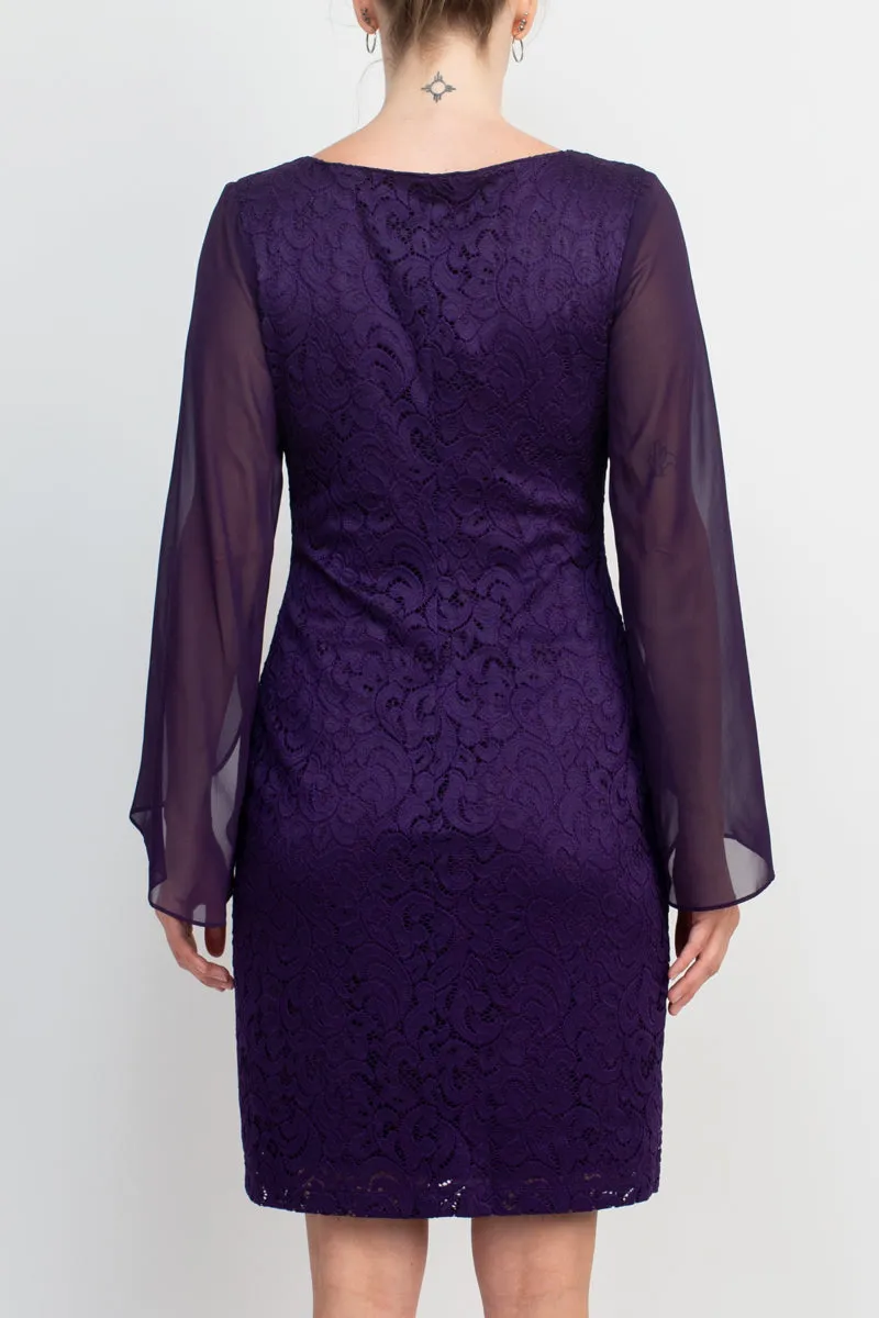 Boat Neck Chiffon Long Sleeve Bodycon Embroidered Dress