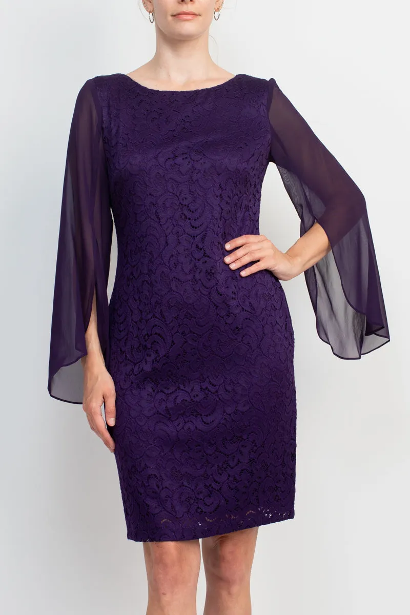 Boat Neck Chiffon Long Sleeve Bodycon Embroidered Dress