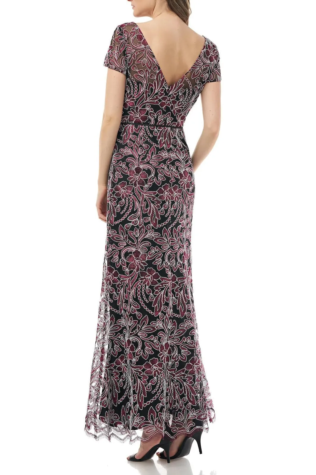 Boat Neck Short Sleeve V-Back Zipper Back Embroidered Mesh Dress