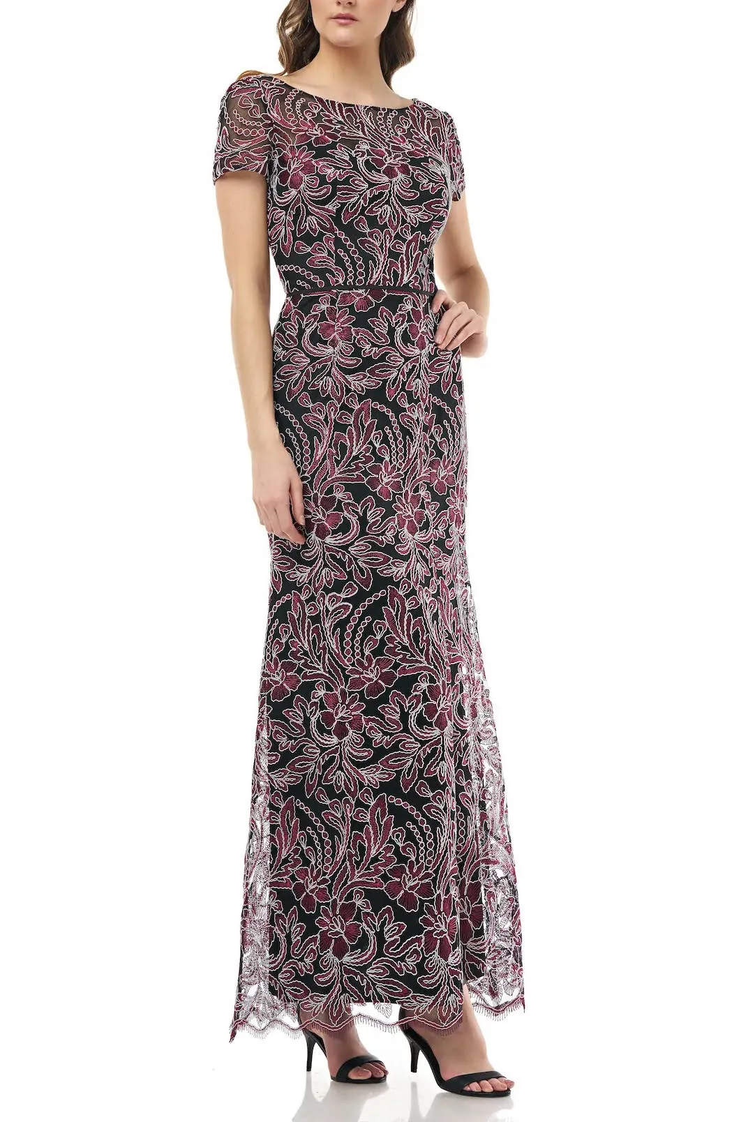 Boat Neck Short Sleeve V-Back Zipper Back Embroidered Mesh Dress