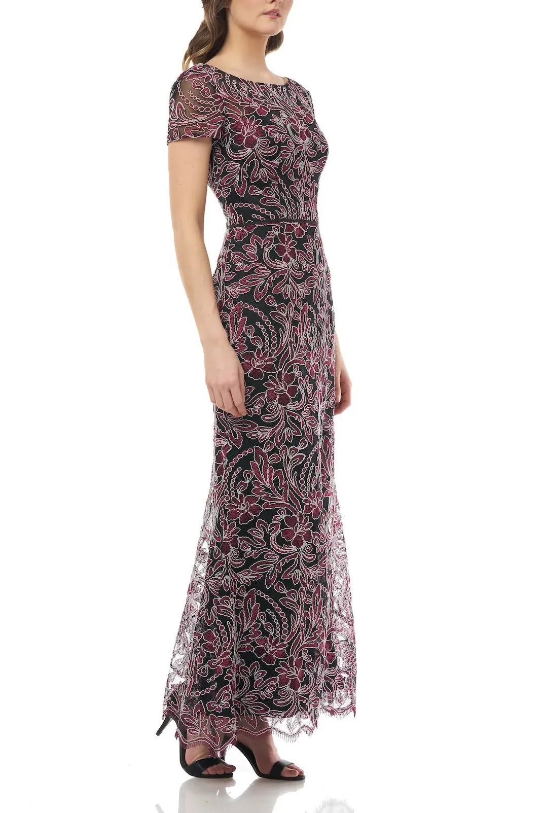 Boat Neck Short Sleeve V-Back Zipper Back Embroidered Mesh Dress