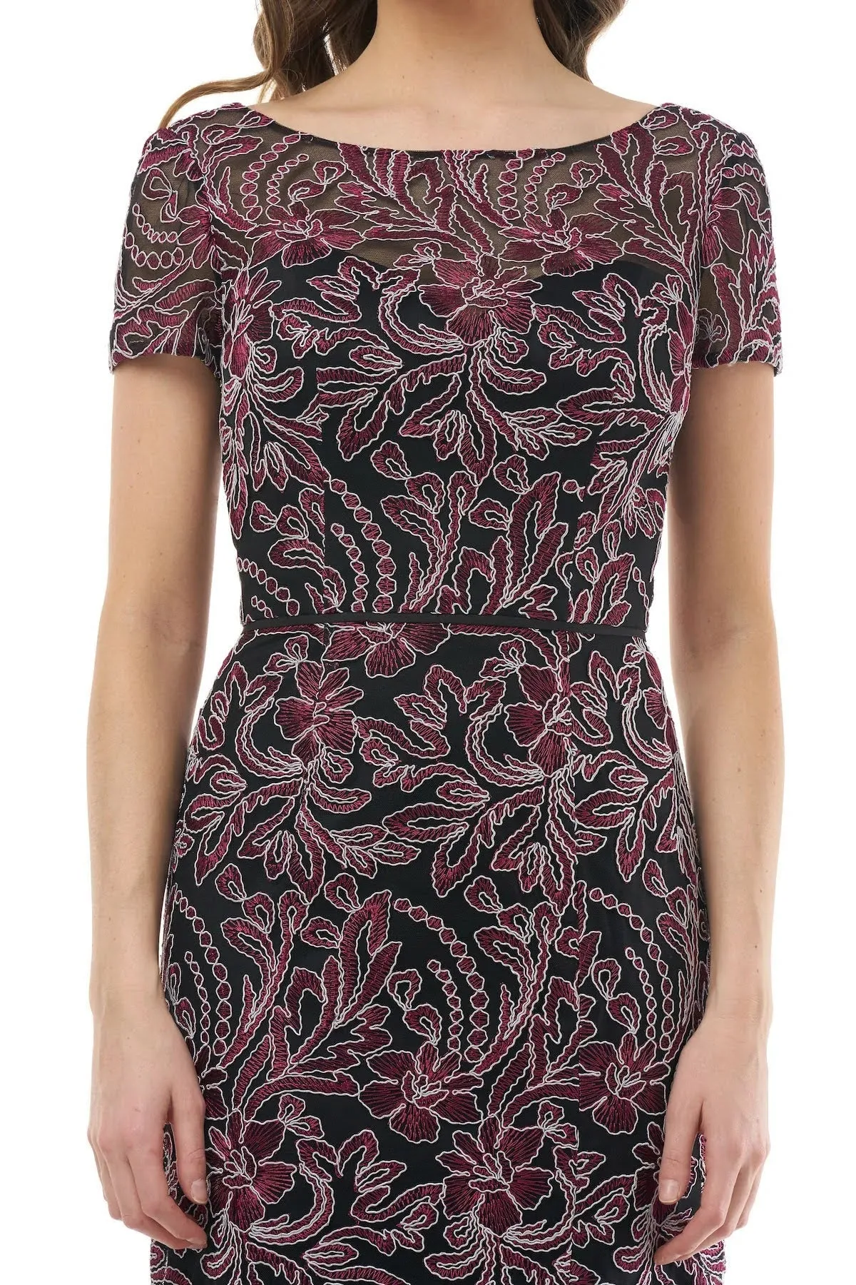 Boat Neck Short Sleeve V-Back Zipper Back Embroidered Mesh Dress