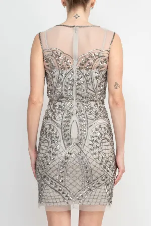 Boat Neck Sleeveless Embellished Zipper Back Mesh Dress