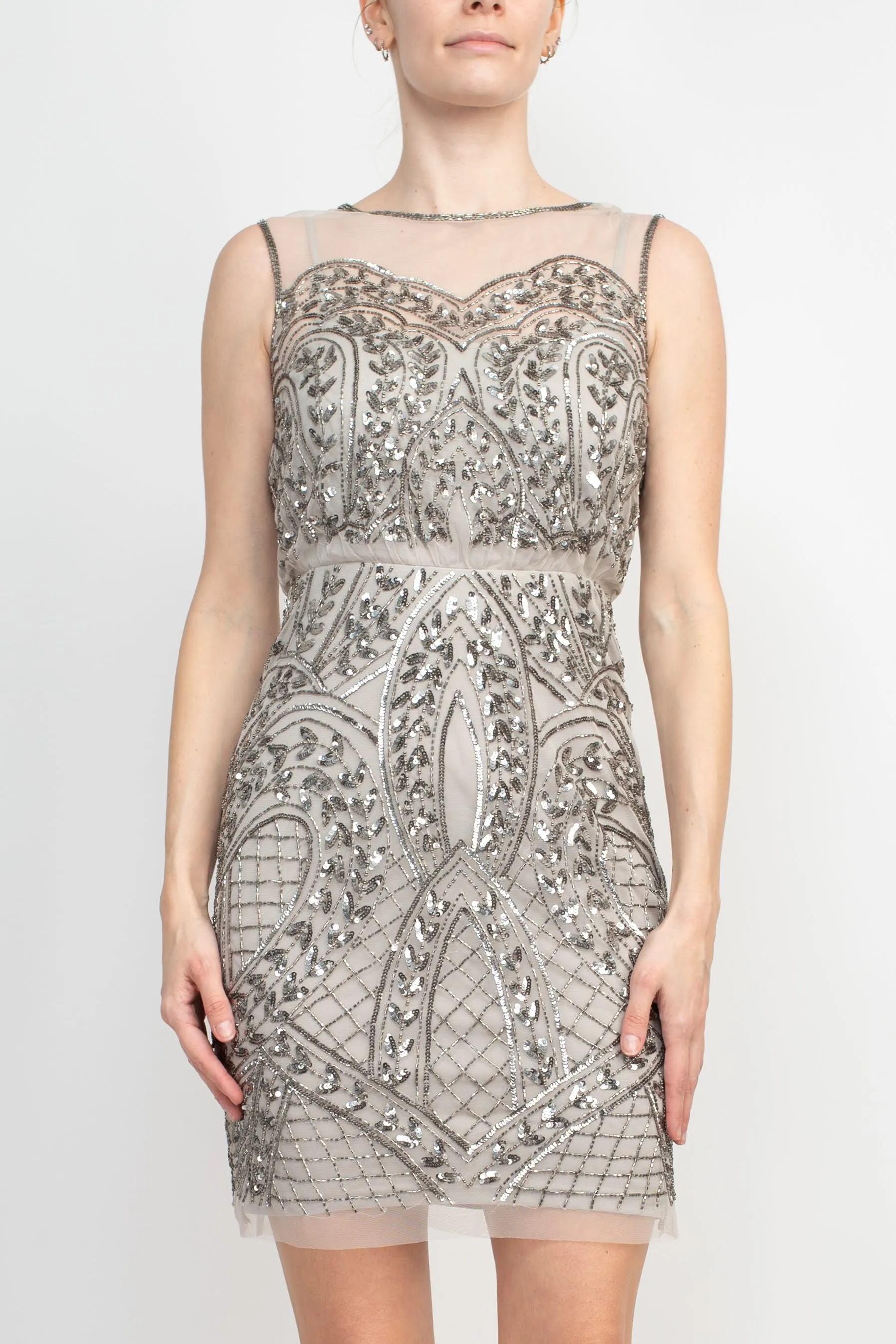 Boat Neck Sleeveless Embellished Zipper Back Mesh Dress