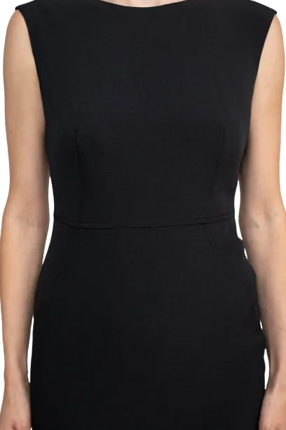 Boat Neck Sleeveless Solid Zipper Back Short Crepe Dress with Melange Herringbone Framed Cardi Jacket (Two Piece)