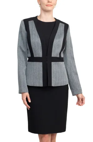 Boat Neck Sleeveless Solid Zipper Back Short Crepe Dress with Melange Herringbone Framed Cardi Jacket (Two Piece)