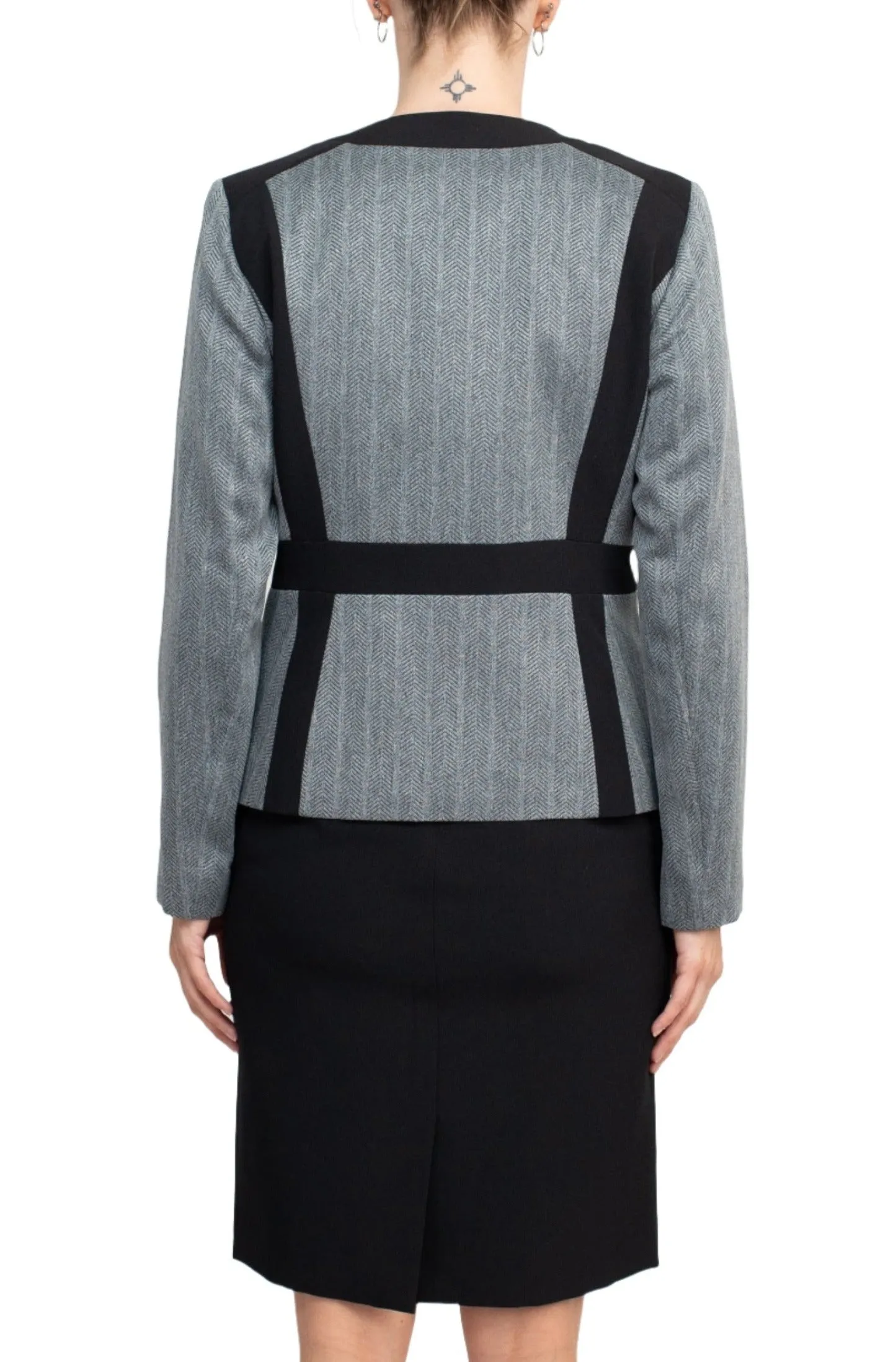 Boat Neck Sleeveless Solid Zipper Back Short Crepe Dress with Melange Herringbone Framed Cardi Jacket (Two Piece)