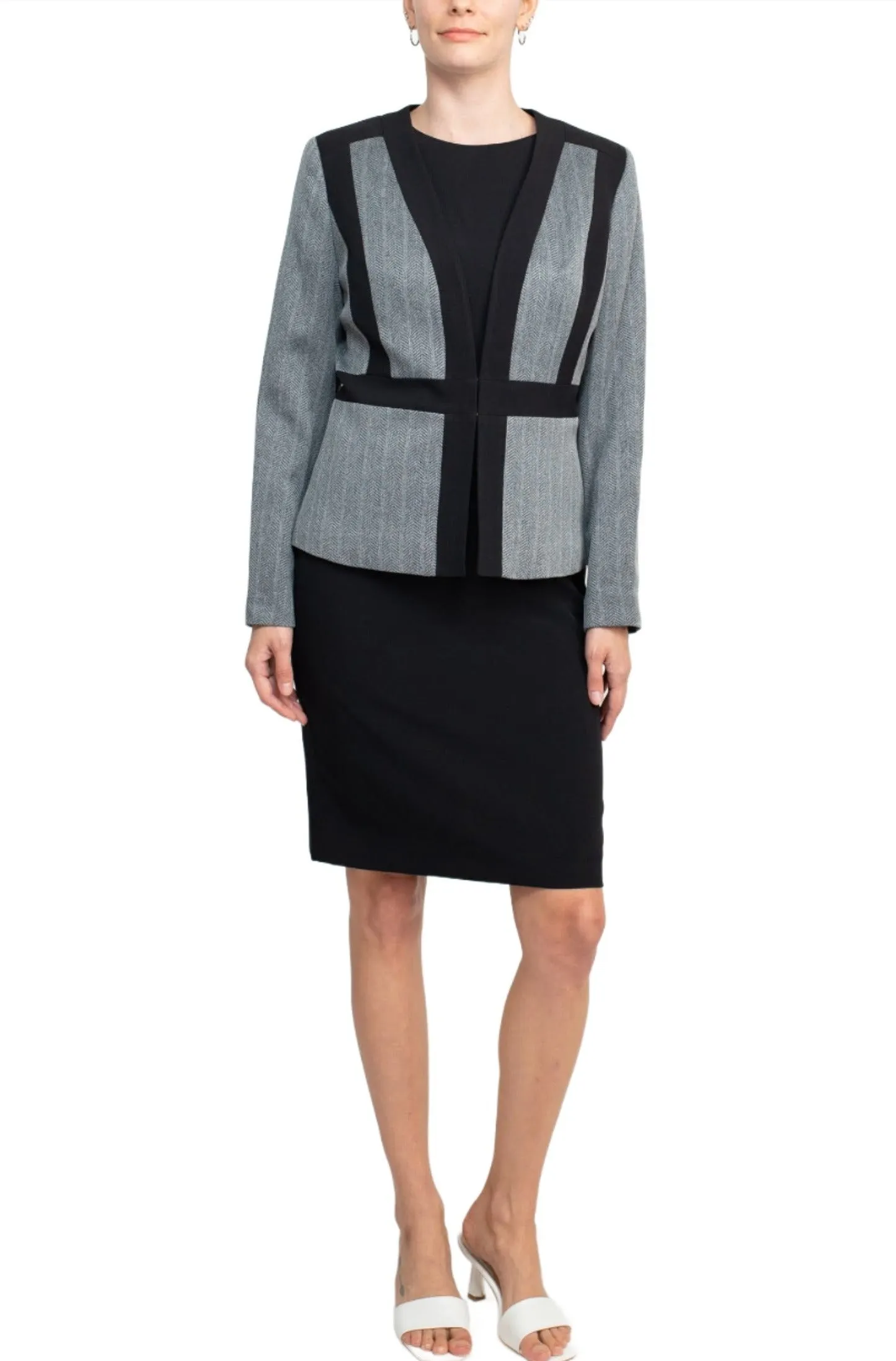 Boat Neck Sleeveless Solid Zipper Back Short Crepe Dress with Melange Herringbone Framed Cardi Jacket (Two Piece)