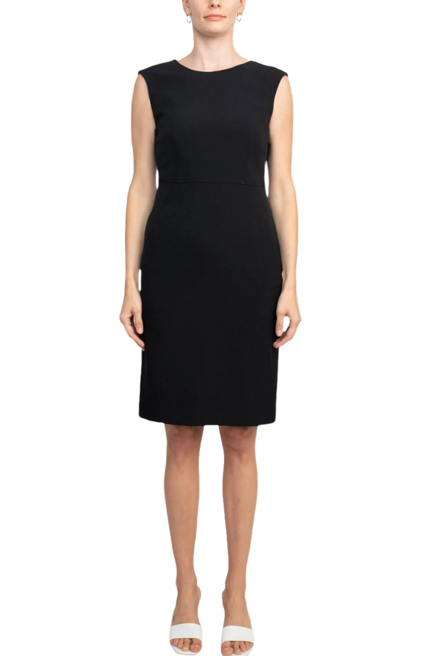 Boat Neck Sleeveless Solid Zipper Back Short Crepe Dress with Melange Herringbone Framed Cardi Jacket (Two Piece)