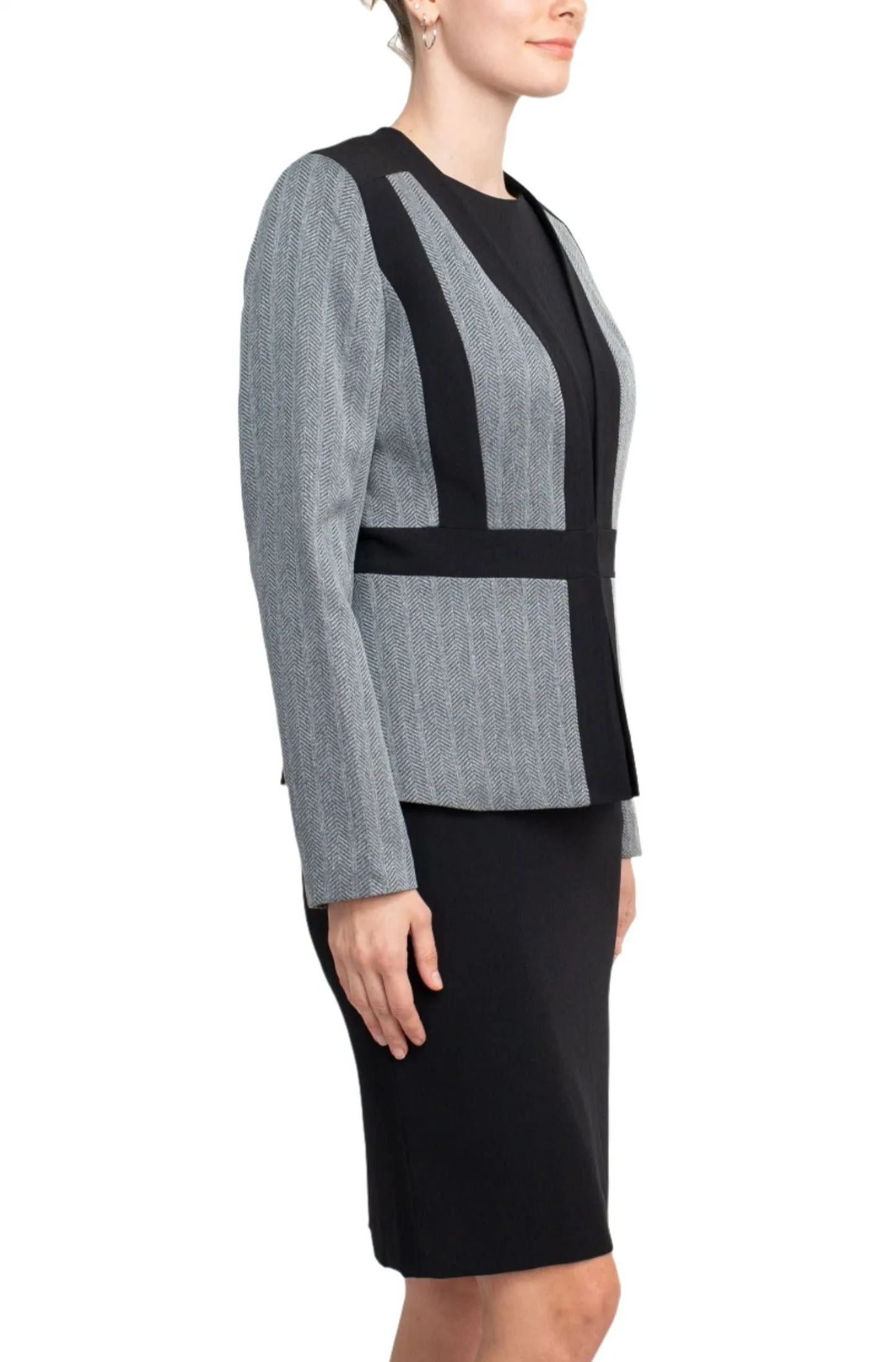 Boat Neck Sleeveless Solid Zipper Back Short Crepe Dress with Melange Herringbone Framed Cardi Jacket (Two Piece)