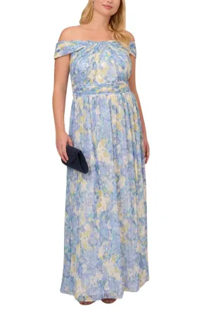 Chiffon Floral Print Off-the-Shoulder Neckline Ballgown Dress