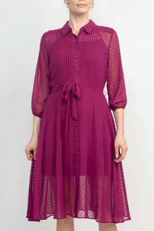 Collared 3/4 Sleeve Button Down Tie Waist Illusion Chiffon Dress