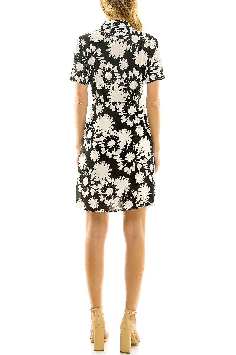 Collared Short Sleeve Gathered Front Floral Print Crepe Chiffon Dress