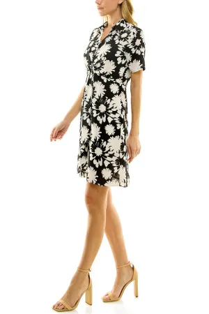 Collared Short Sleeve Gathered Front Floral Print Crepe Chiffon Dress Collared Short Sleeve Gathered Front Floral Print Crepe Chiffon Dress