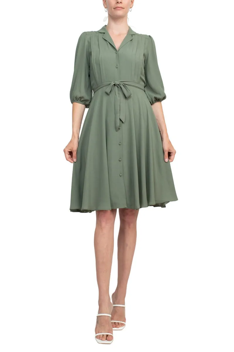 Collared Short Sleeve Pleated Tie Waist Solid Rayon Dress