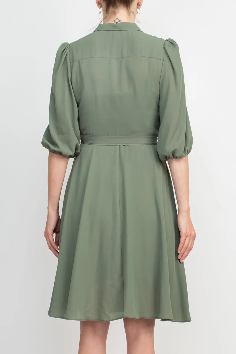 Collared Short Sleeve Pleated Tie Waist Solid Rayon Dress