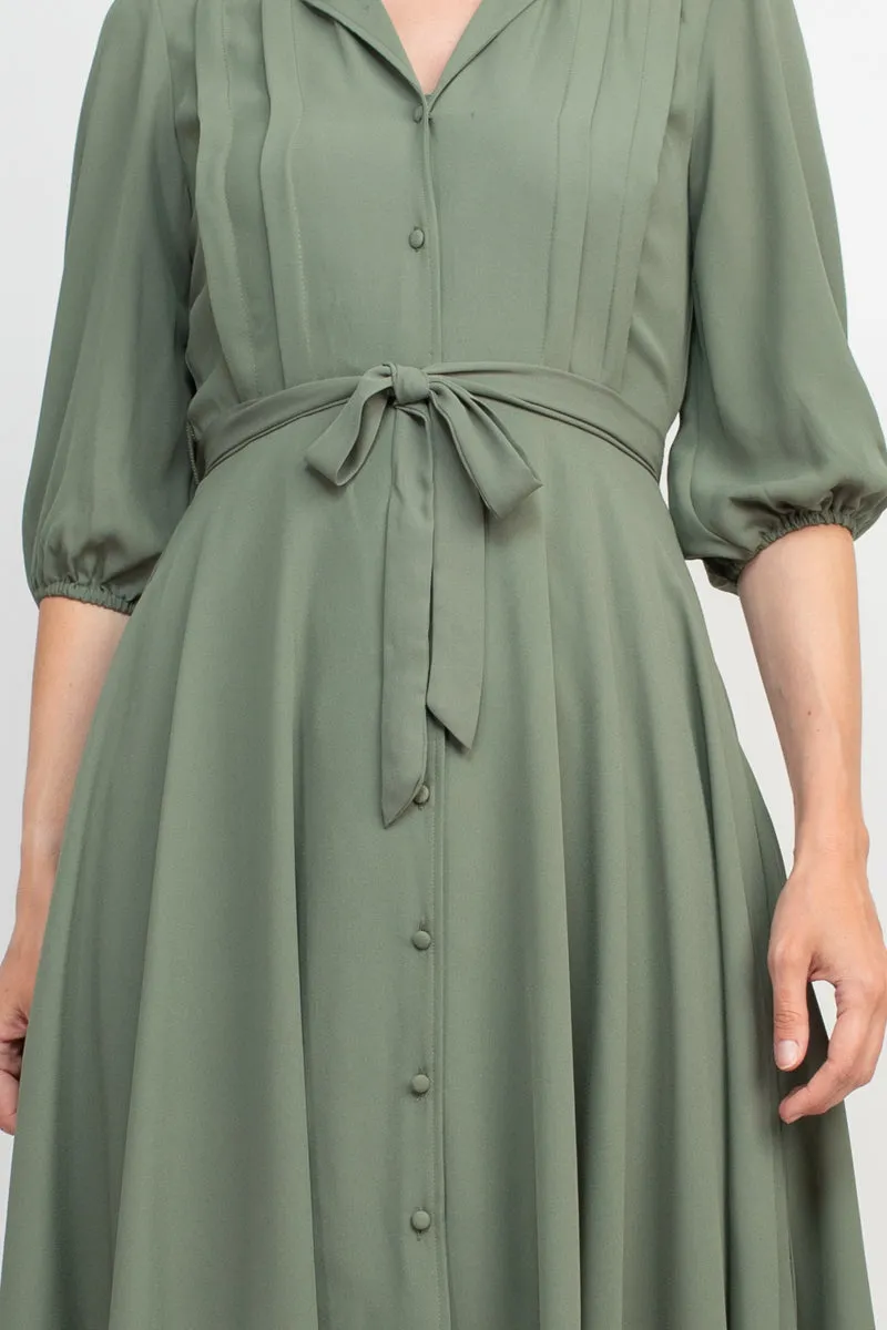 Collared Short Sleeve Pleated Tie Waist Solid Rayon Dress