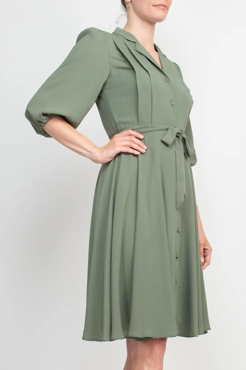 Collared Short Sleeve Pleated Tie Waist Solid Rayon Dress