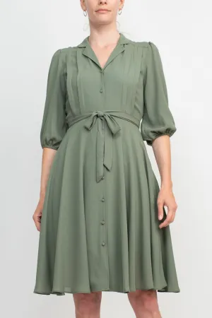 Collared Short Sleeve Pleated Tie Waist Solid Rayon Dress Collared Short Sleeve Pleated Tie Waist Solid Rayon Dress