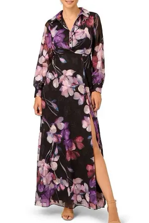 Collared V-neck Long Sleeve Zipper Closure Floral Print Georgette Gown Collared V-neck Long Sleeve Zipper Closure Floral Print Georgette Gown