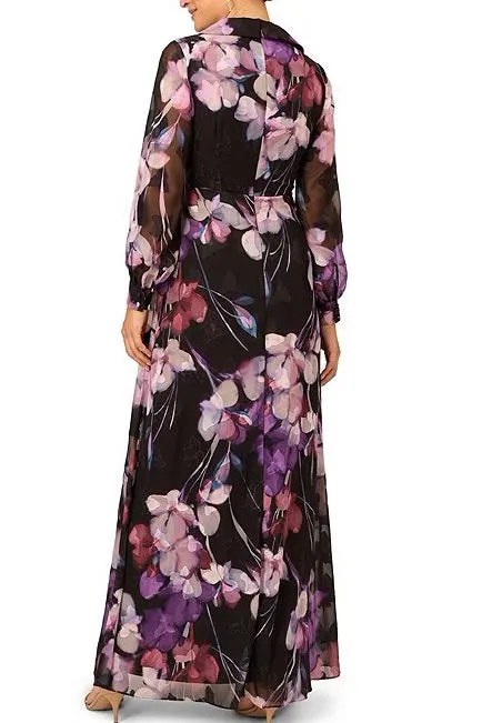 Collared V-neck Long Sleeve Zipper Closure Floral Print Georgette Gown