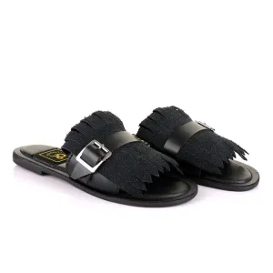 Credible Crown Black Head Unisex Leather Black Slippers