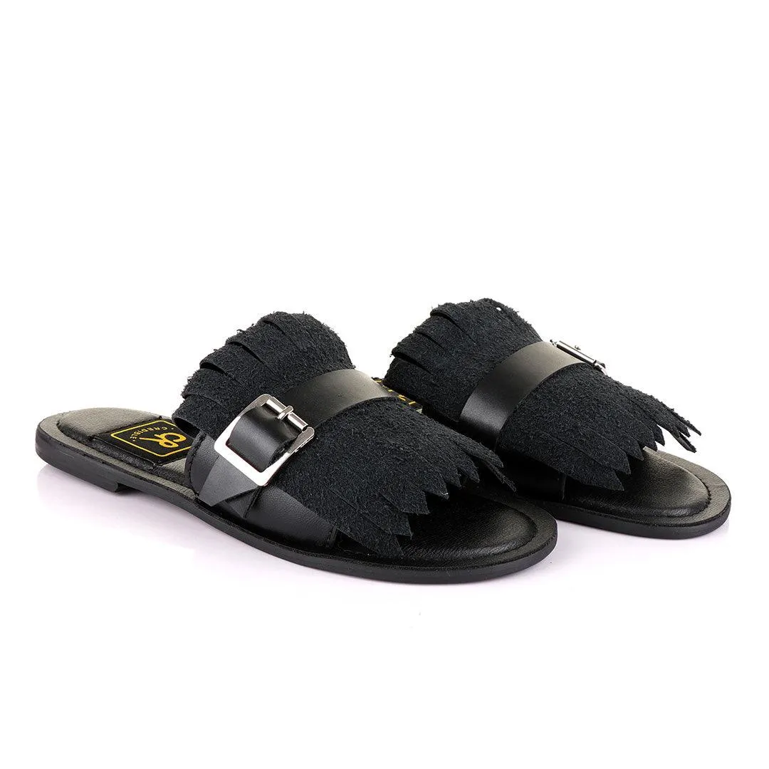 Credible Crown Black Head Unisex Leather Black Slippers