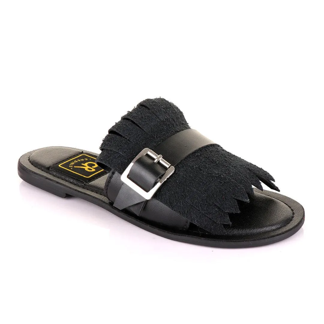 Credible Crown Black Head Unisex Leather Black Slippers