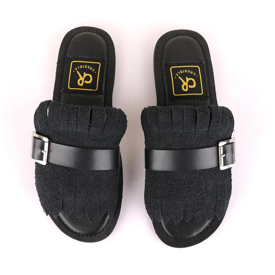 Credible Crown Black Head Unisex Leather Black Slippers